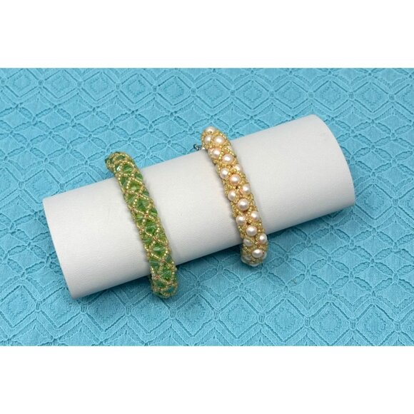 2‎ Vintage 1990s Handcrafted Beaded Bracelets - Yellow & Green - Picture 1 of 8
